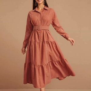 Button Front Belted Ruffle Hem Shirt Dress